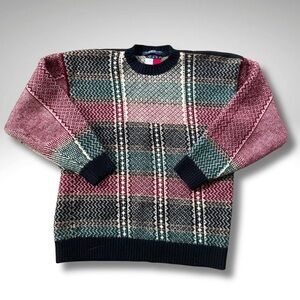 VTG Tommy Hilfiger Wool Tartan Plaid Patchwork Sweater | Hong Kong Made | M